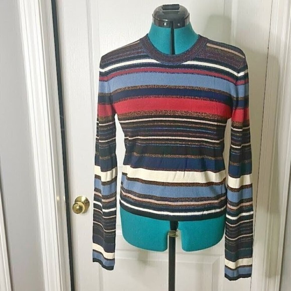 Veronica Beard Palmas Stripe Metallic Med Knit Crop Slim Fit Long Sleeve Sweater